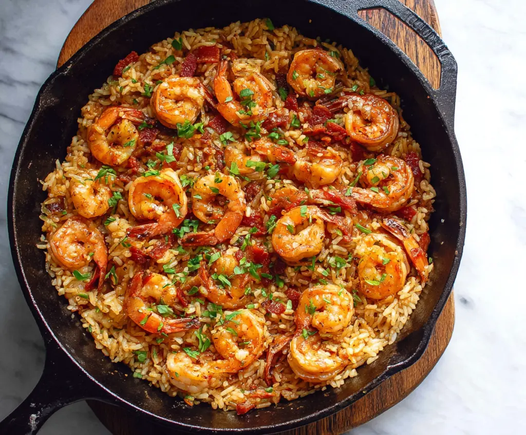 Delicious Cajun shrimp and rice skillet served in a rustic bowl, showcasing vibrant spices and fresh ingredients.