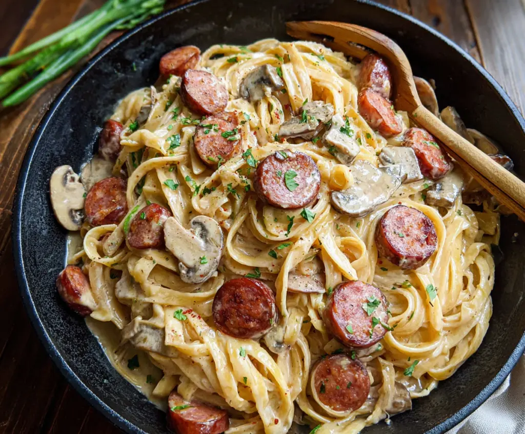 Creamy Cajun smoked sausage Alfredo pasta with rich sauce and flavorful spices.