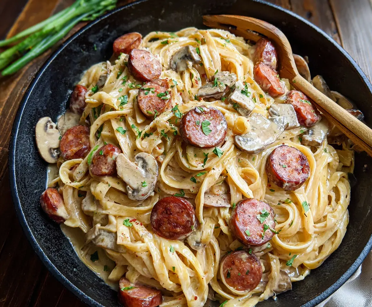 Creamy Cajun smoked sausage Alfredo pasta with rich sauce and flavorful spices.