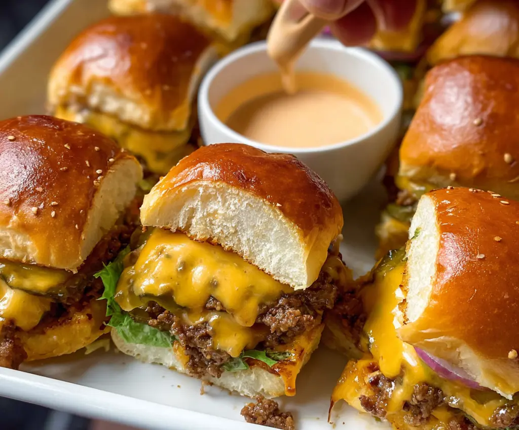 Delicious cheeseburger sliders with melted cheese and savory patties on a plate.