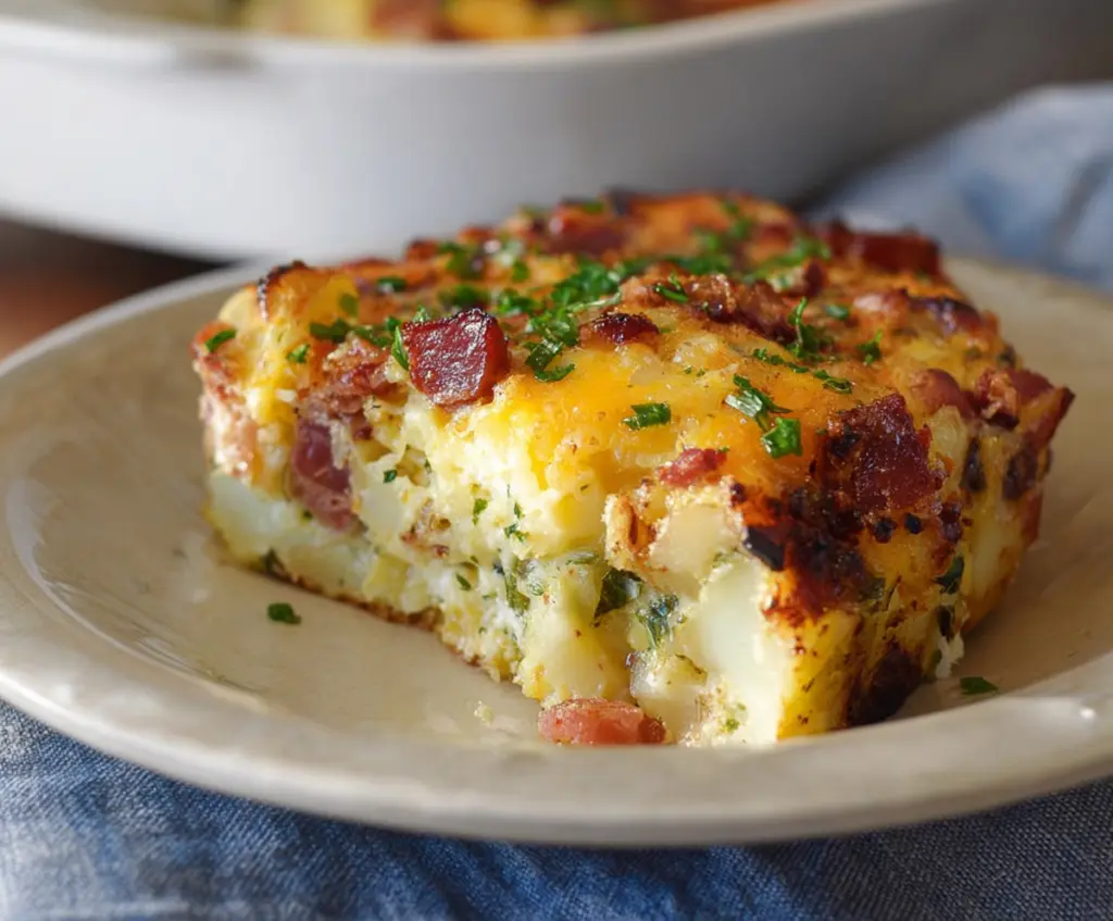 Delicious cheesy bacon and potato breakfast casserole with crispy bacon and melted cheese.
