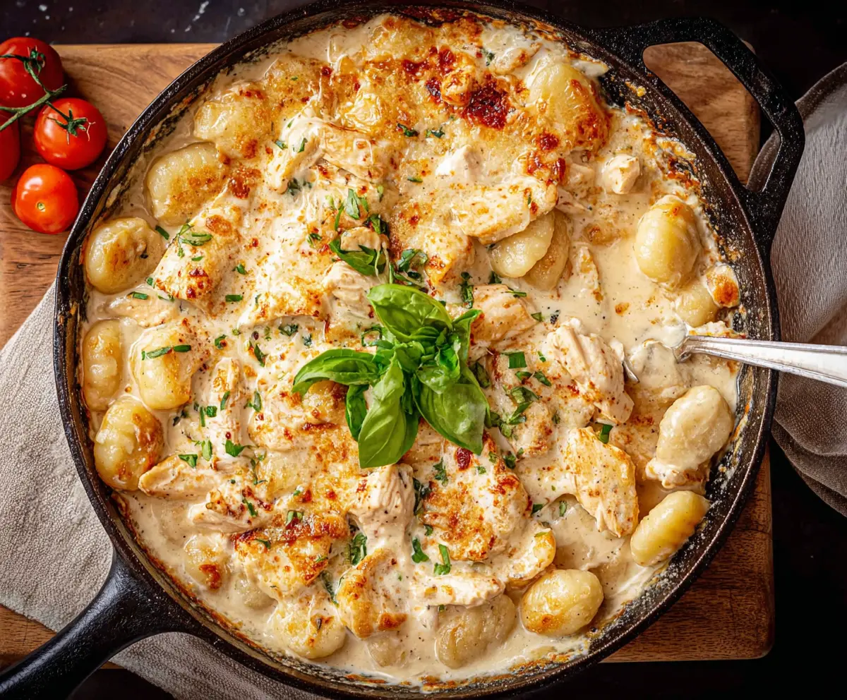 Creamy Chicken Gnocchi Alfredo served on a white plate, garnished with parsley