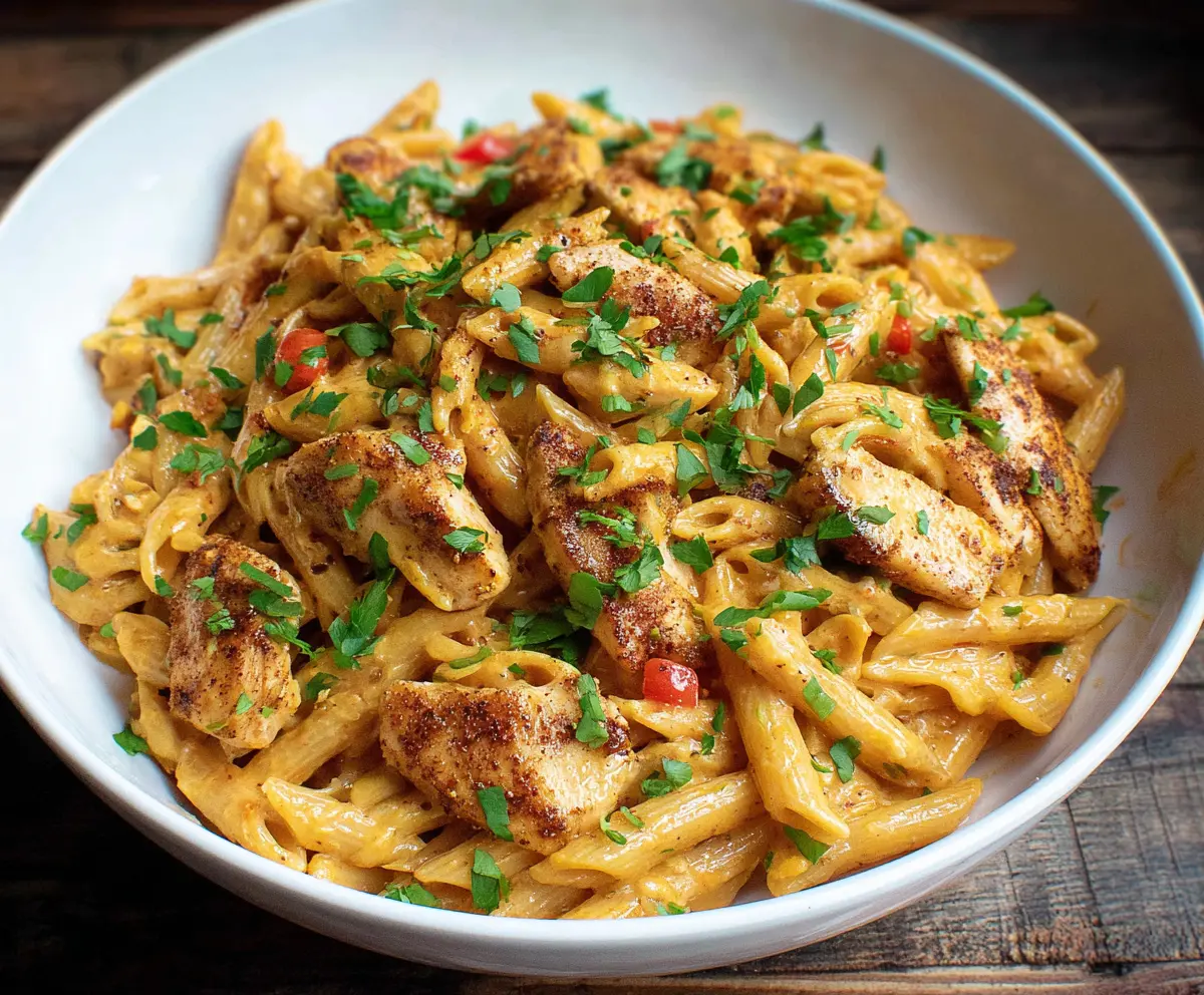 Spicy Cajun Chicken Pasta served on a plate with vibrant herbs