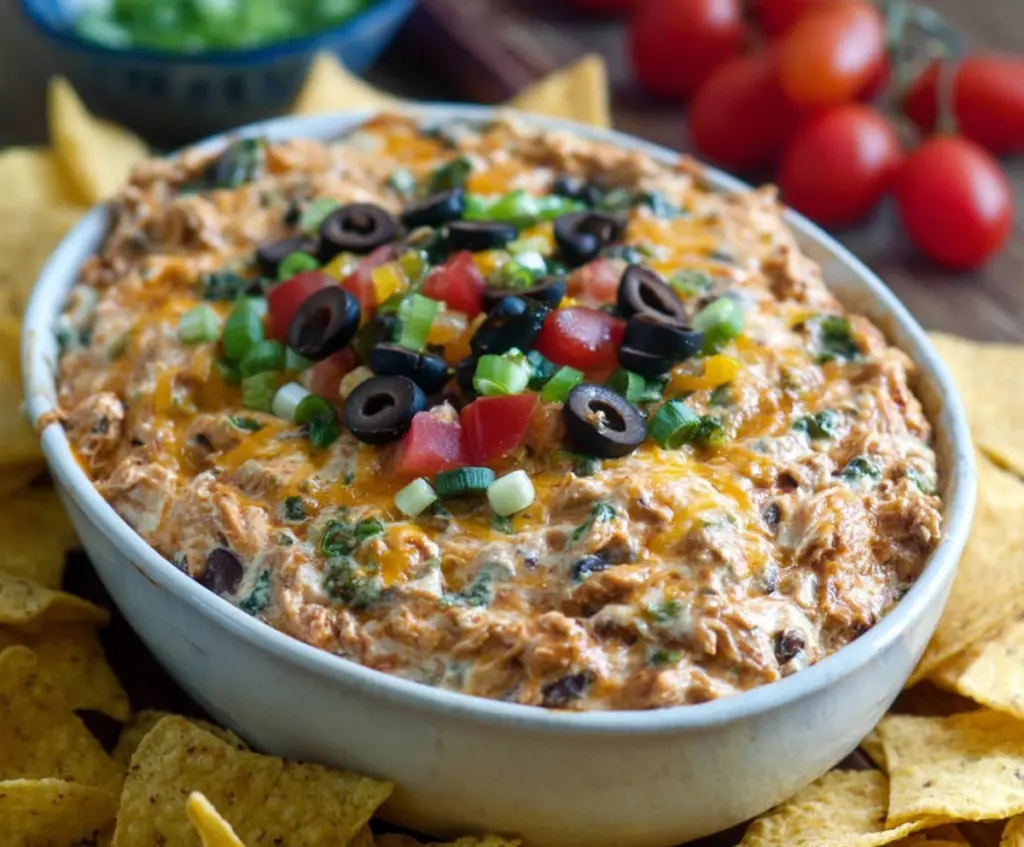 Delicious chicken taco dip garnished with fresh vegetables and cheese, perfect for parties and gatherings.