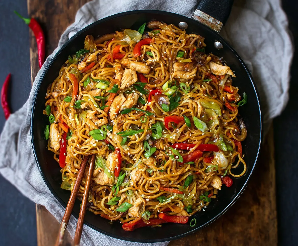 Delicious Chicken Yakisoba Noodles stir-fried with vegetables on a plate.