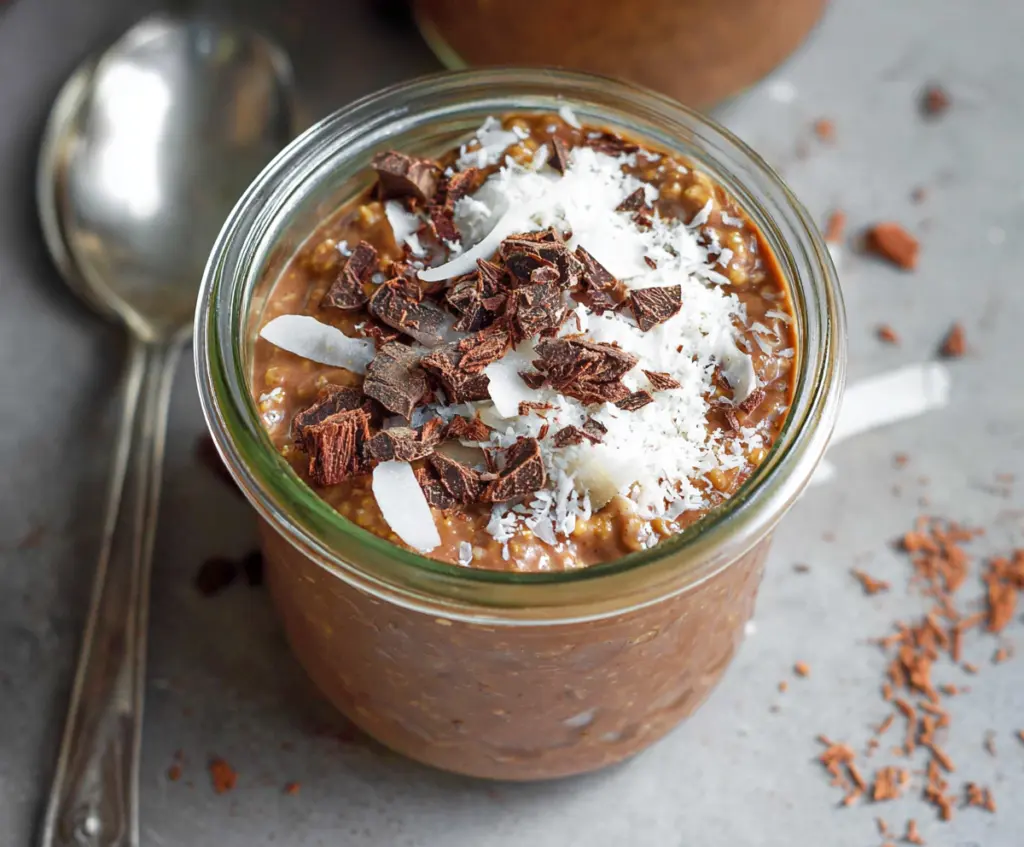 Creamy chocolate coconut overnight oats topped with shredded coconut and cocoa powder for a healthy breakfast.