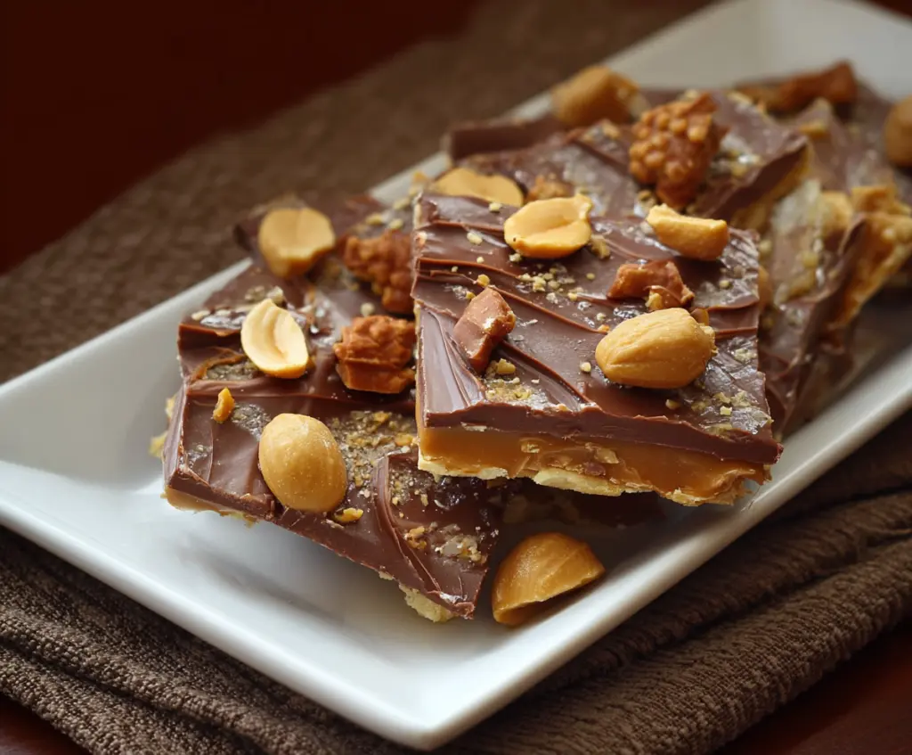 Delicious Chocolate Peanut Butter Cup Cracker Toffee on a serving plate, highlighting layers of rich chocolate, creamy peanut butter, and crunchy crackers.