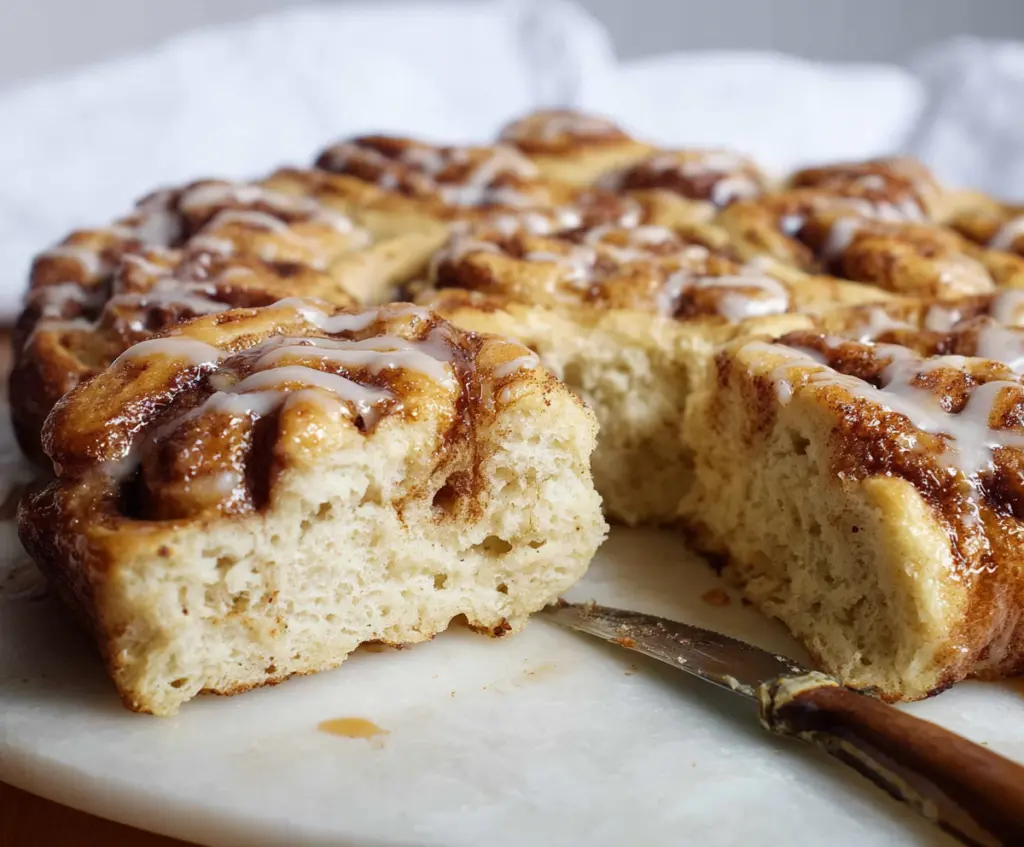 Delicious cinnamon roll topped sourdough focaccia with swirls of cinnamon and sugar.