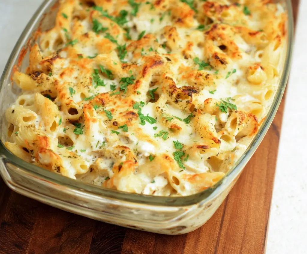 Creamy Cottage Cheese Alfredo Pasta Bake topped with melted cheese, perfect for a comforting meal.