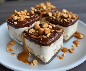 Delicious Cottage Cheese and Peanut Butter Snickers dessert with creamy topping and chocolate coating