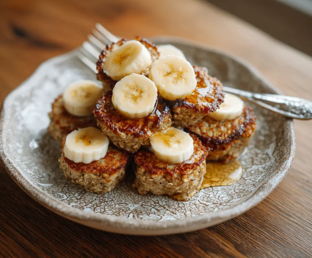 Delicious Cottage Cheese Banana Oat Pancake Bites on a plate, showing fluffy, golden-brown mini pancakes for a healthy breakfast.