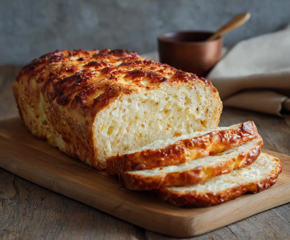 Homemade cottage cheese bread fresh out of the oven, showcasing a golden crust and soft interior.