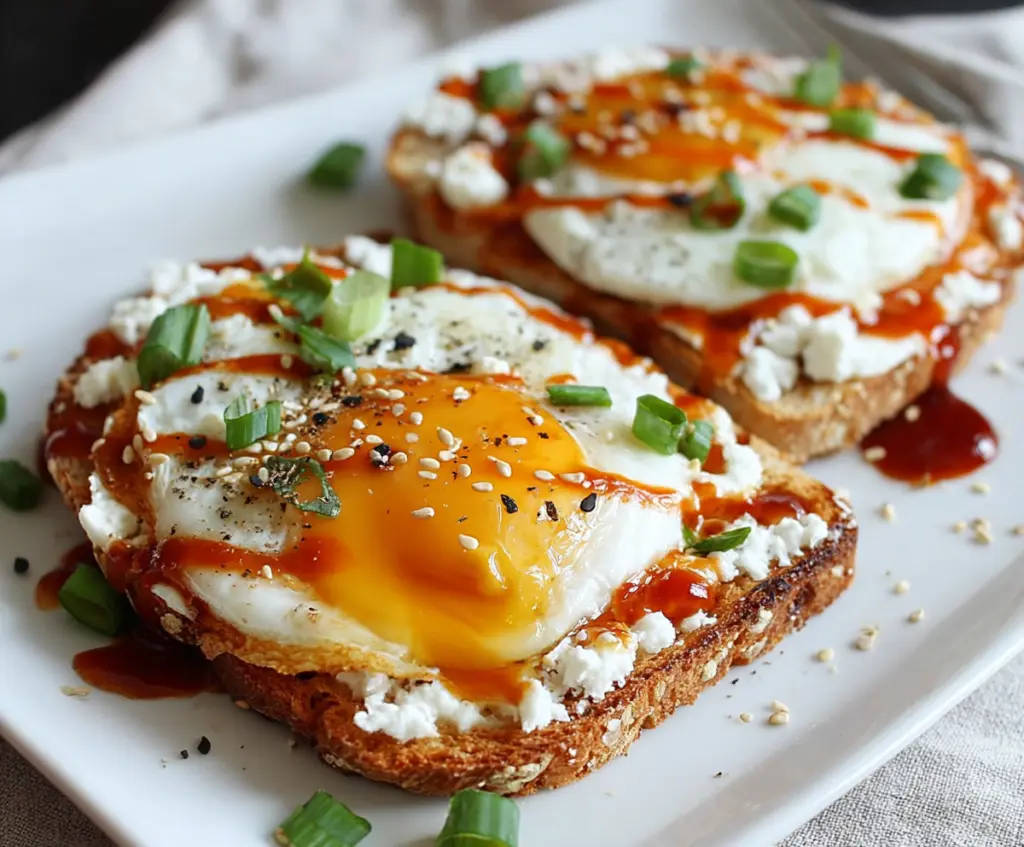 Delicious Cottage Cheese Egg and Sriracha Protein Toast on a plate with fresh ingredients.