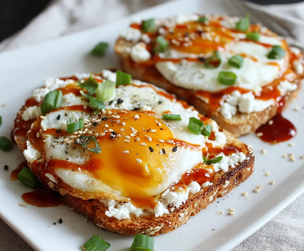 Delicious Cottage Cheese Egg and Sriracha Protein Toast on a plate with fresh ingredients.