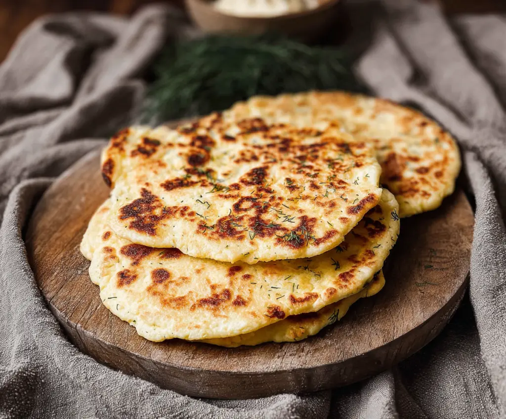 Homemade cottage cheese flatbread with a crispy crust and soft interior on a wooden board.