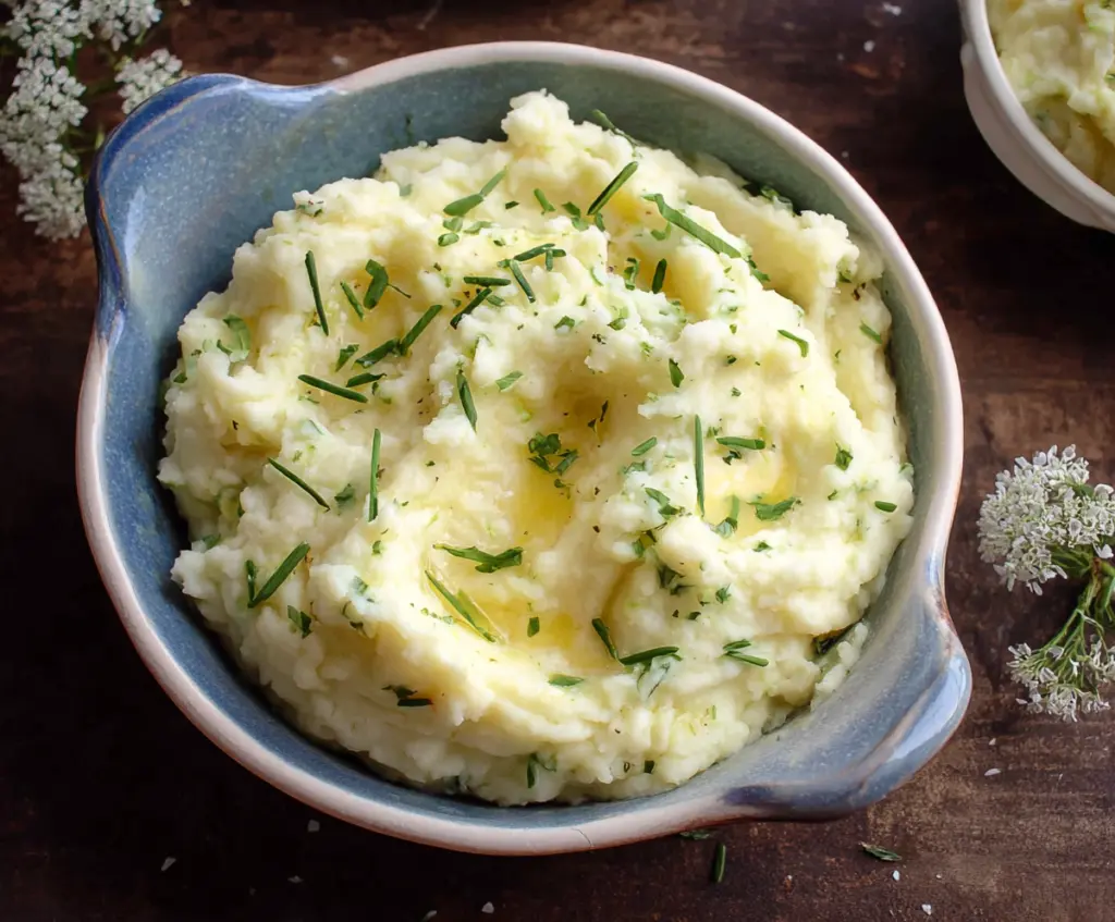 Creamy cottage cheese mashed potatoes served as a healthy side dish.