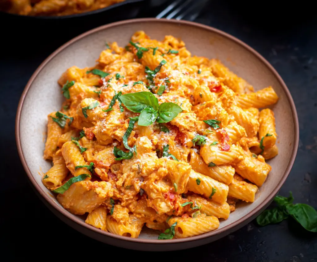 Creamy cottage cheese pasta sauce garnished with herbs, ready to serve.