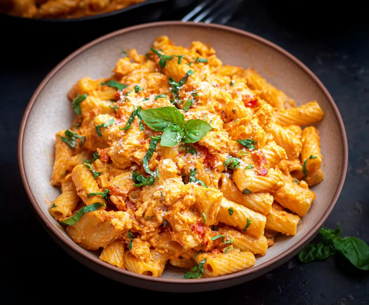 Creamy cottage cheese pasta sauce garnished with herbs, ready to serve.