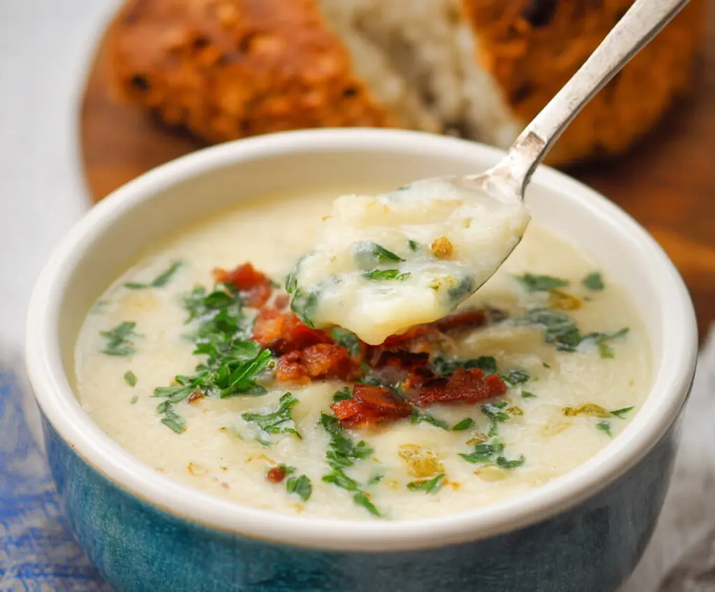 Creamy cottage cheese potato soup in a bowl, garnished with herbs and served hot.