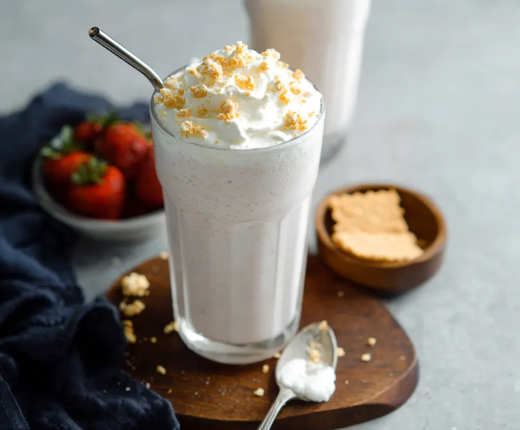 Creamy cottage cheese shake in a glass topped with fresh fruit and mint for a nutritious breakfast or snack.