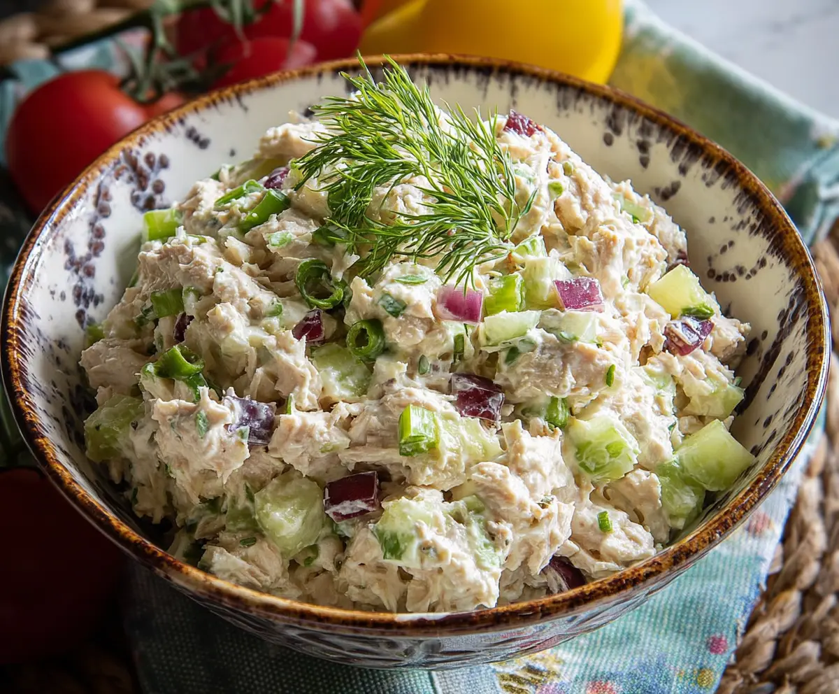 Fresh cottage cheese and tuna salad in a bowl, garnished with herbs, perfect for a healthy lunch.