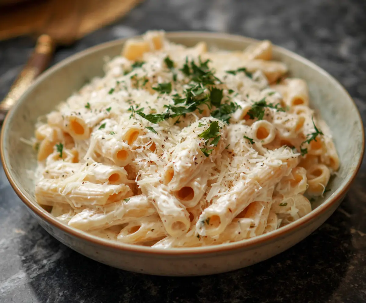 Creamy cottage cheese Alfredo sauce served over pasta, highlighting a rich and healthy cheese-based sauce.