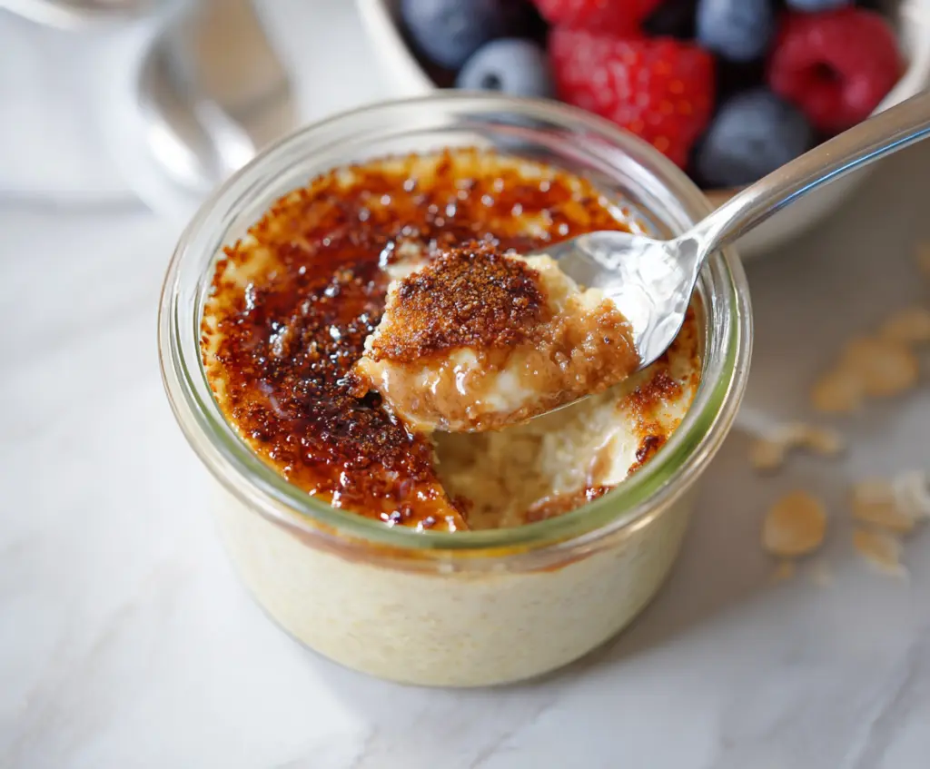 Creamy Crème Brûlée Overnight Oats topped with caramelized sugar and fresh berries.