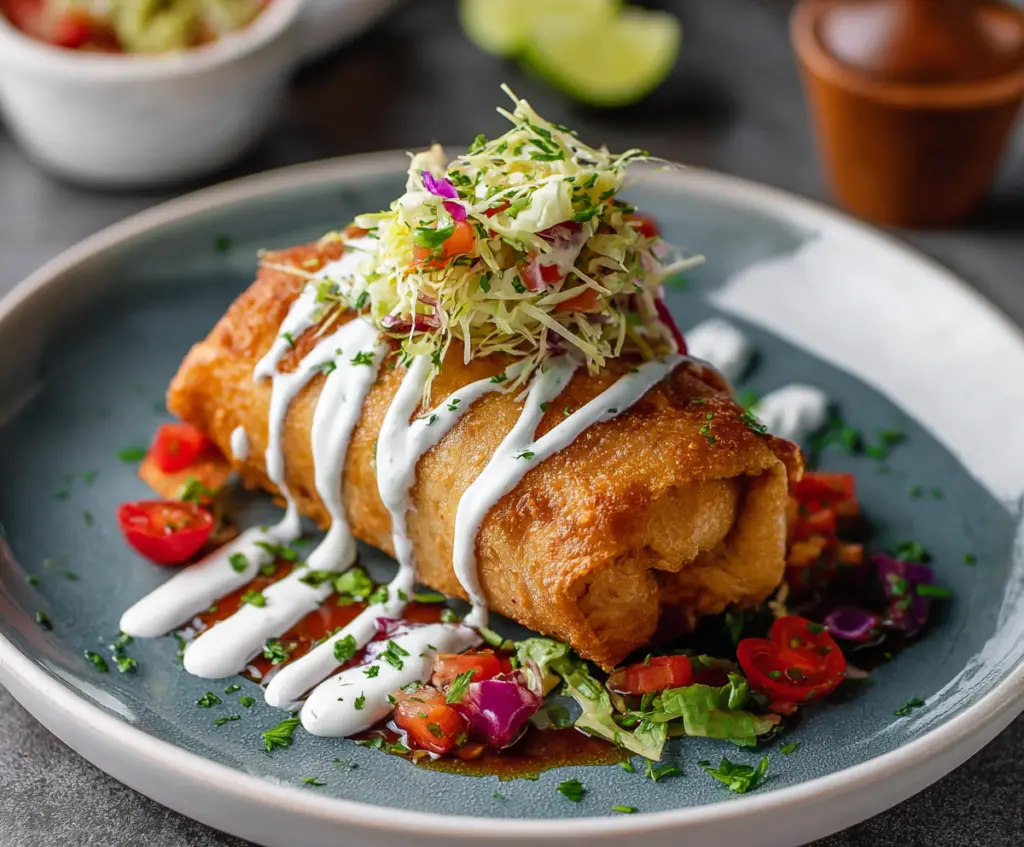 Crispy Chicken Chimichanga served with fresh salsa and sour cream on a plate.