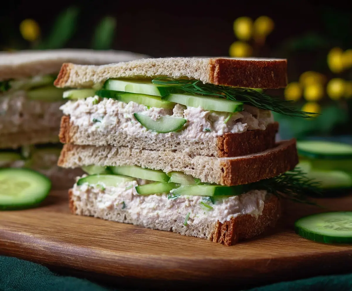 Delicious cucumber tuna sandwich on whole grain bread, perfect for a healthy lunch.