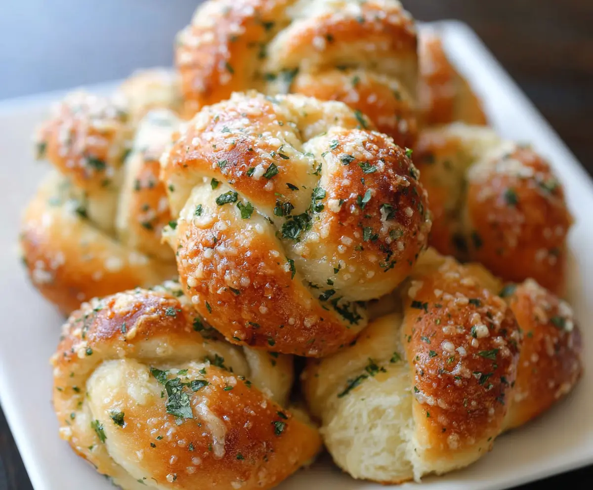 Savory garlic parmesan knots fresh out of the oven, golden brown and sprinkled with herbs.