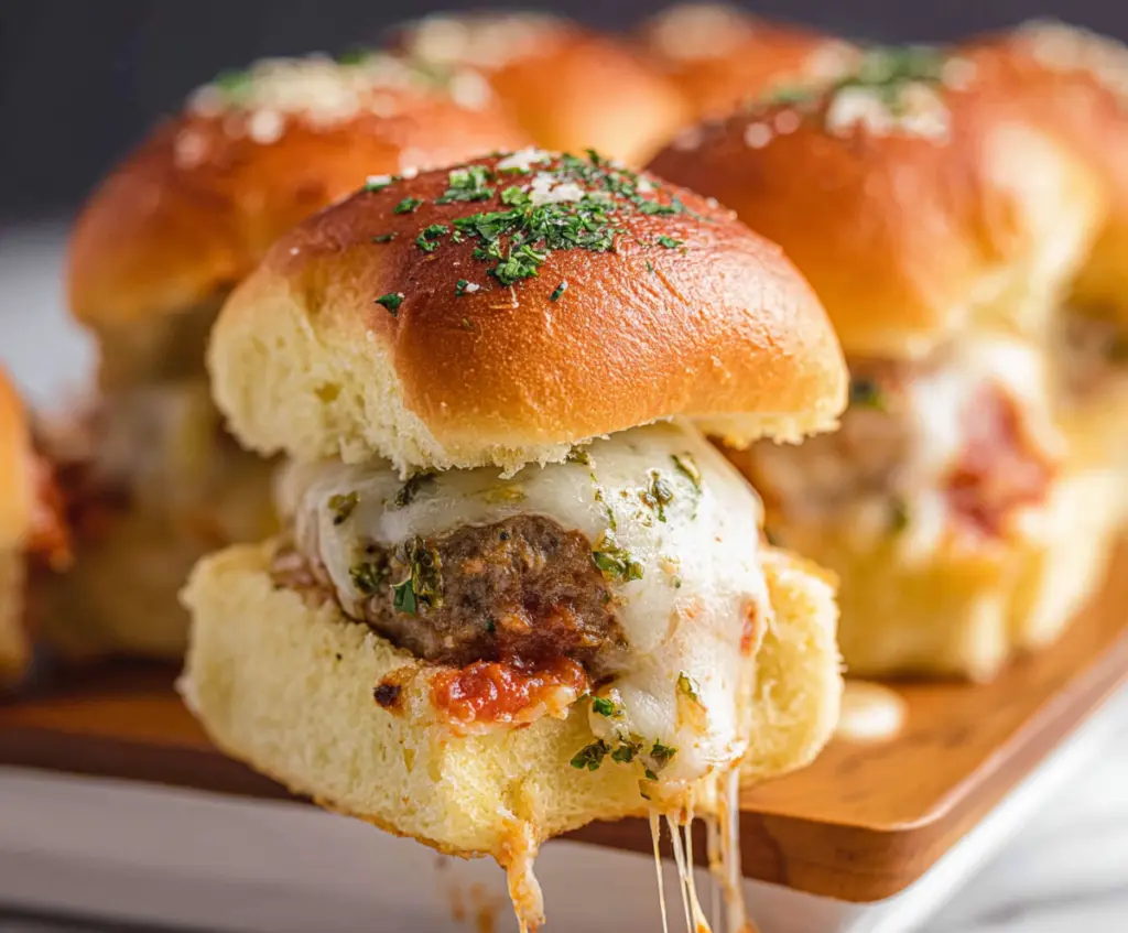 Close-up of delicious garlic Parmesan meatball sliders topped with fresh herbs on a plate.