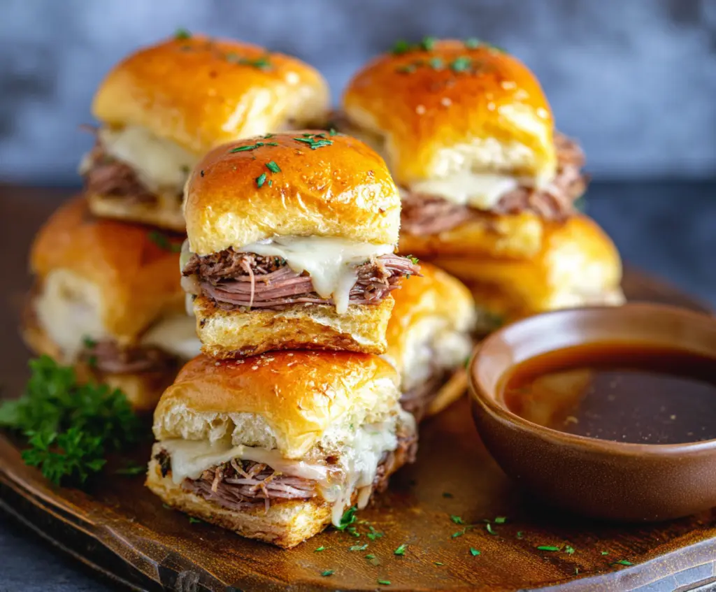 Delicious French Dip Sliders with tender roast beef and melted cheese in small sandwich buns.