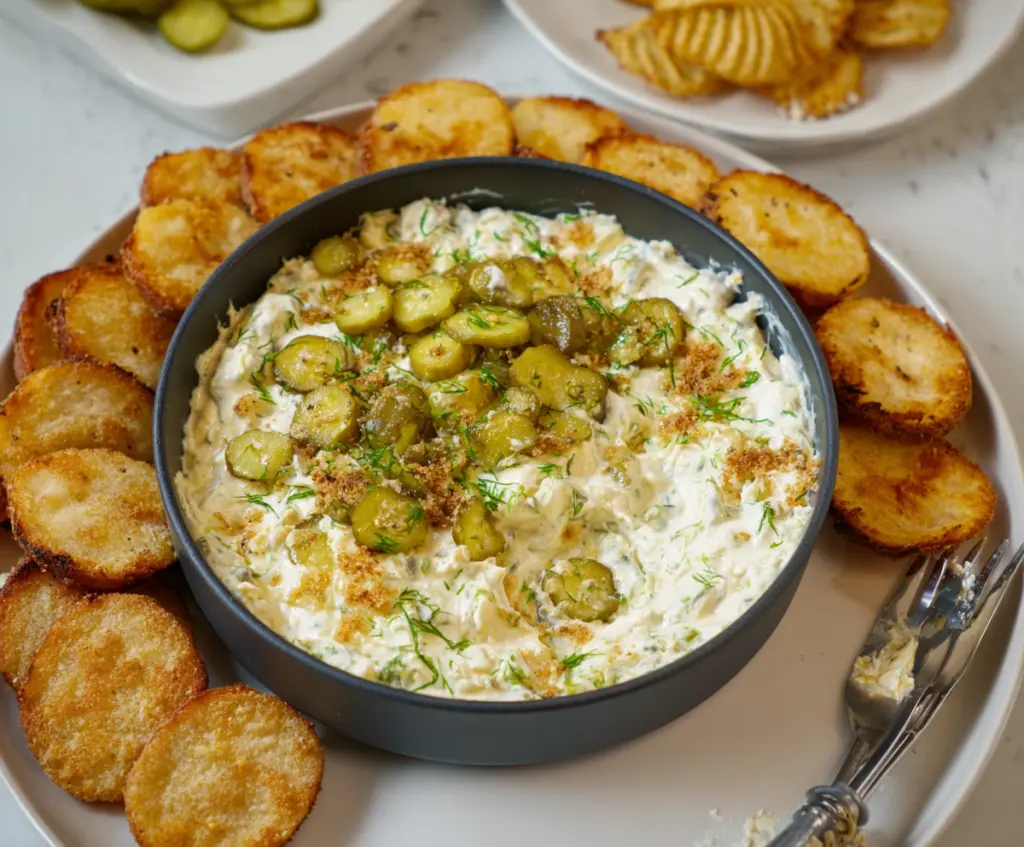 Creamy Fried Pickle Dip served with crispy fried pickles and fresh dipping vegetables