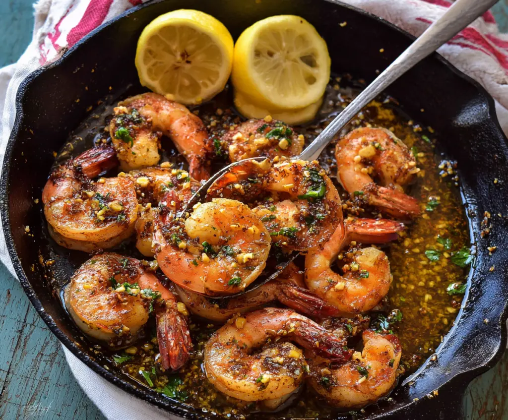 Delicious garlic butter lemon shrimp served on a plate, garnished with fresh herbs.