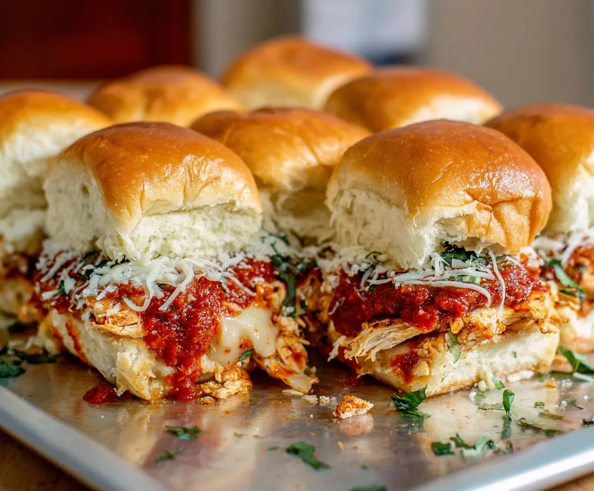 Delicious Garlic Chicken Parmesan Sliders on a serving platter, topped with melted cheese and fresh basil.