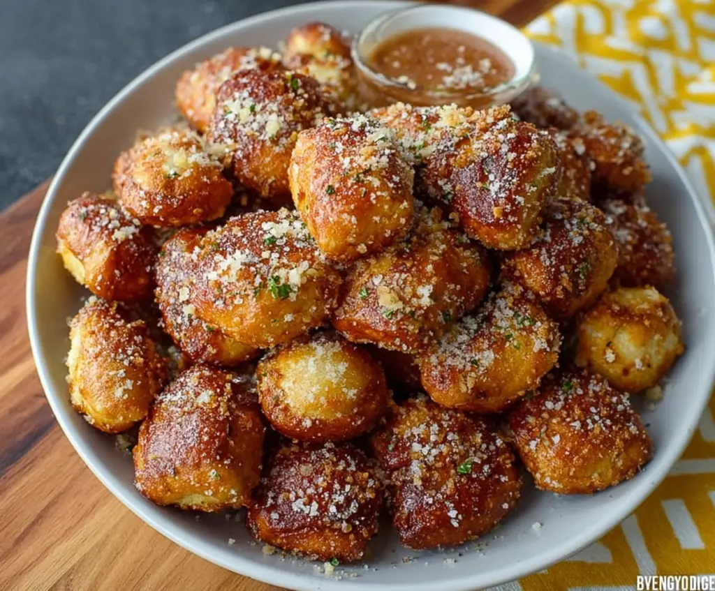 Golden garlic Parmesan pretzel bites served on a rustic wooden platter.