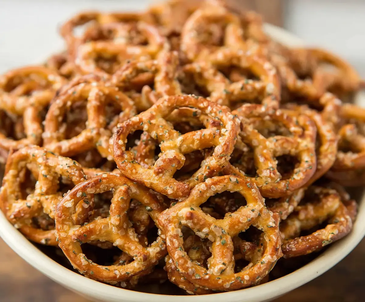 Crunchy Garlic Ranch Pretzels with herbs and spices, perfect for snacking.
