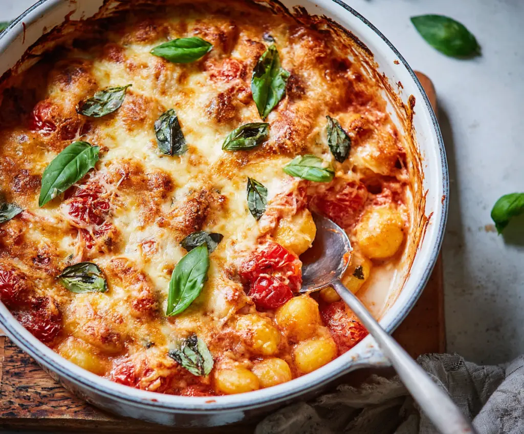 Delicious baked gnocchi pasta with melted cheese and herbs, ready to serve.