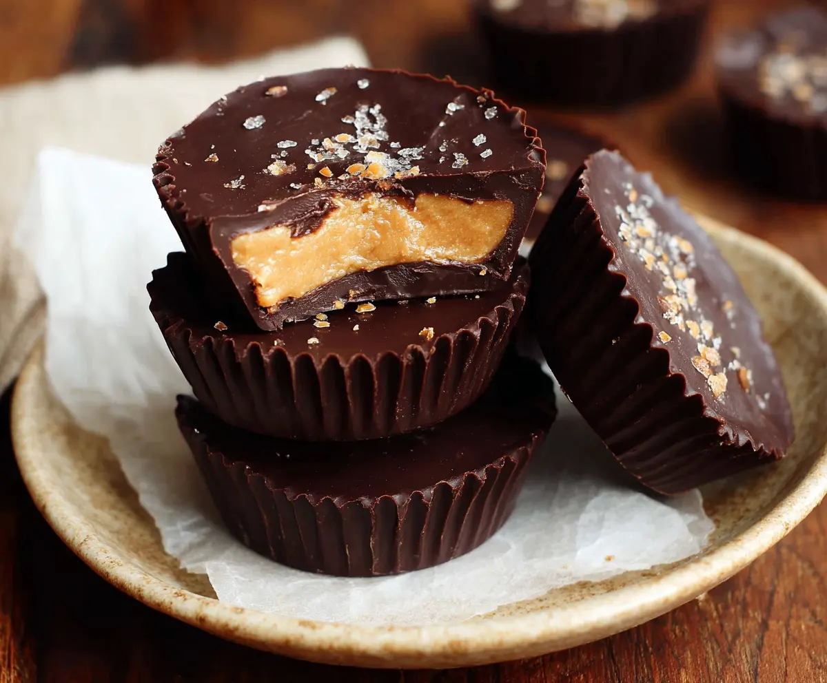 Healthy dark chocolate peanut butter cups with creamy peanut butter filling and smooth chocolate coating.