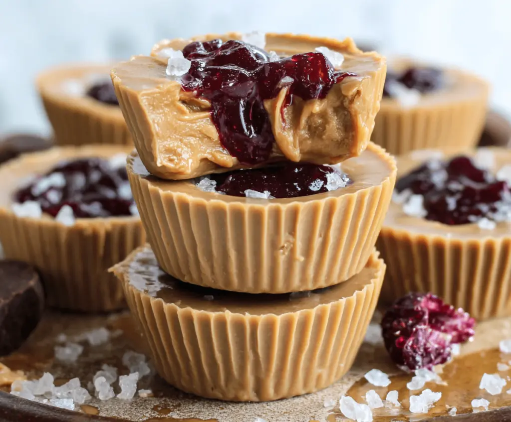 Healthy peanut butter and jelly cups in a glass bowl showcasing a nutritious snack option.