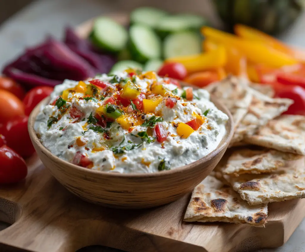 Creamy high-protein cottage cheese giardiniera dip served with fresh vegetables