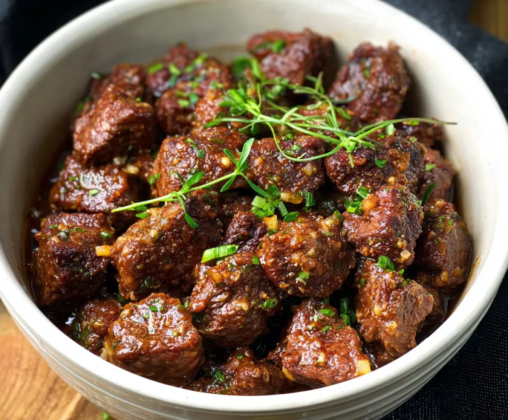 Delicious high protein garlic butter beef bites cooked in a slow cooker, perfect for a flavorful meal.