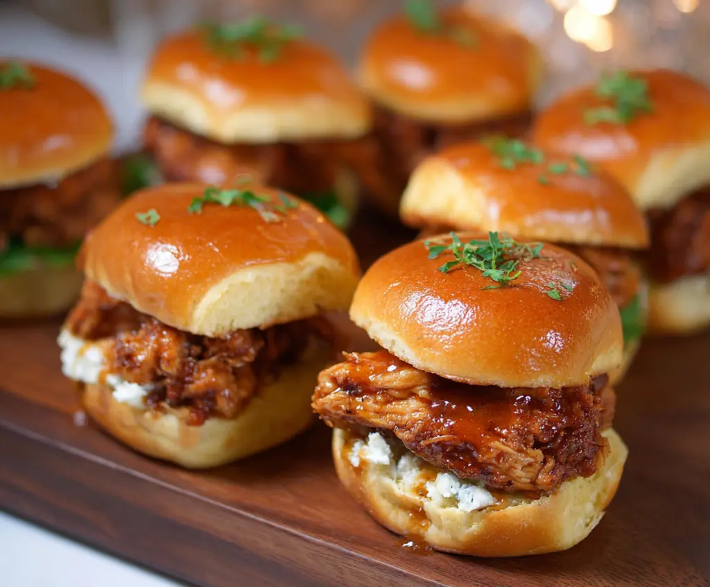 Delicious hot honey chicken sliders showcasing crispy chicken topped with spicy honey glaze on soft slider buns.