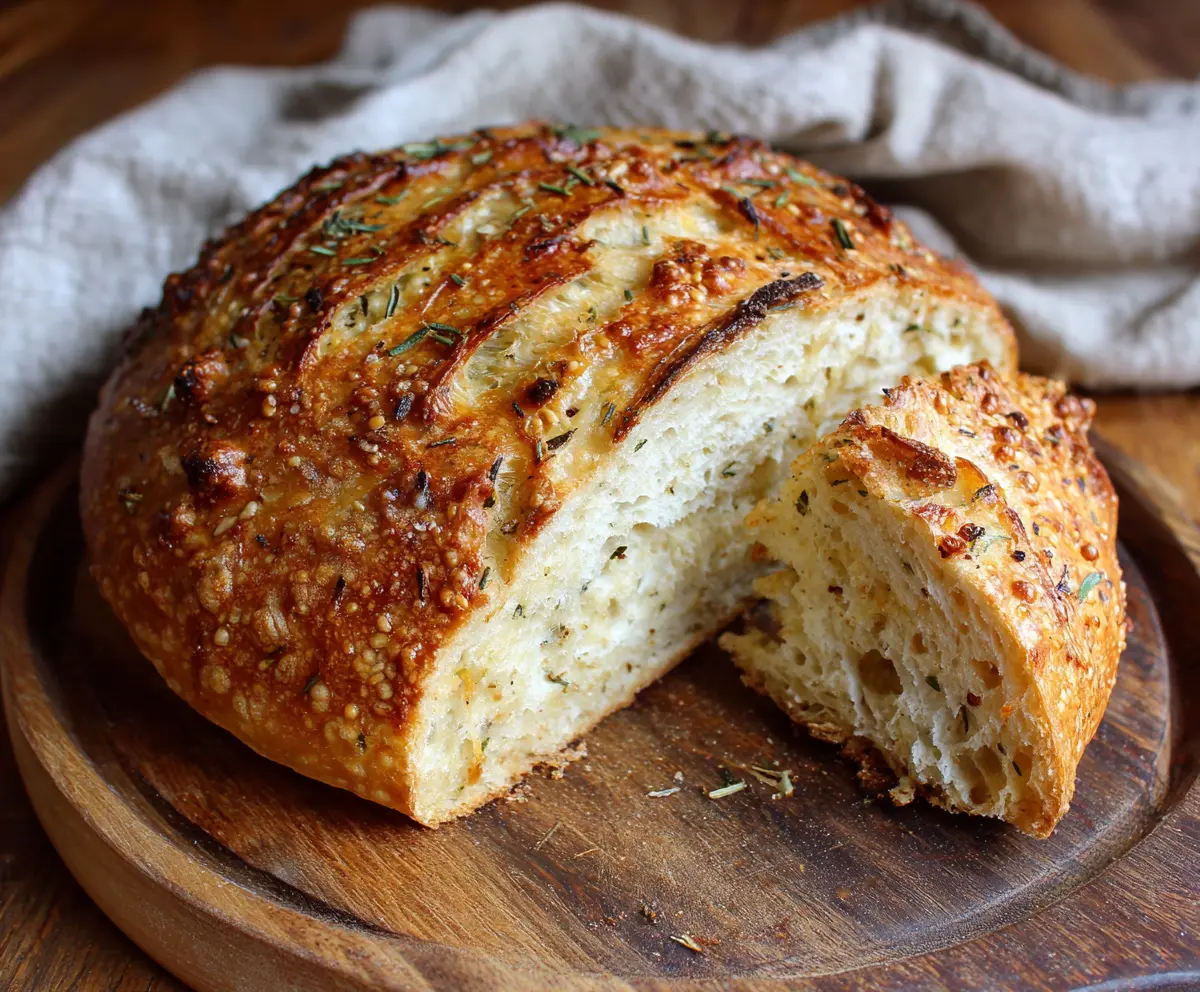 Golden Italian Herb and Cheese Sourdough Bread with herbal toppings and melted cheese
