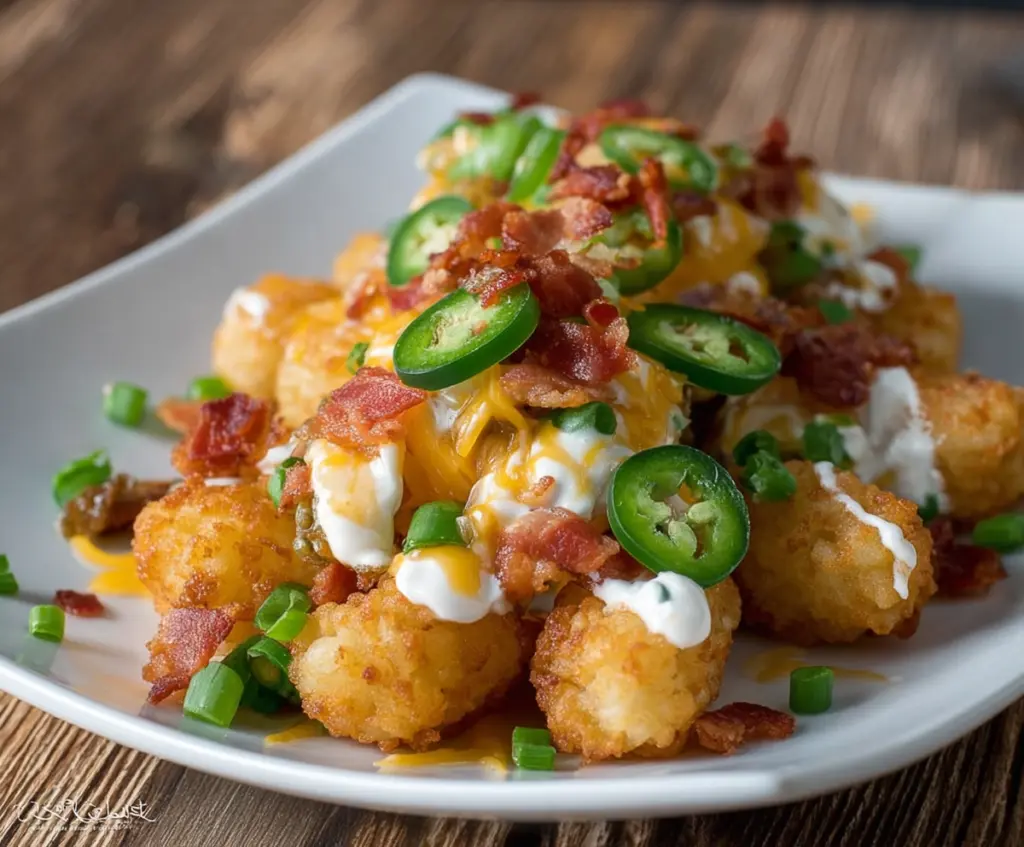 Craving spicy snacks? Enjoy these crispy Jalapeno Popper Tater Tots topped with melted cheese and fresh jalapenos.