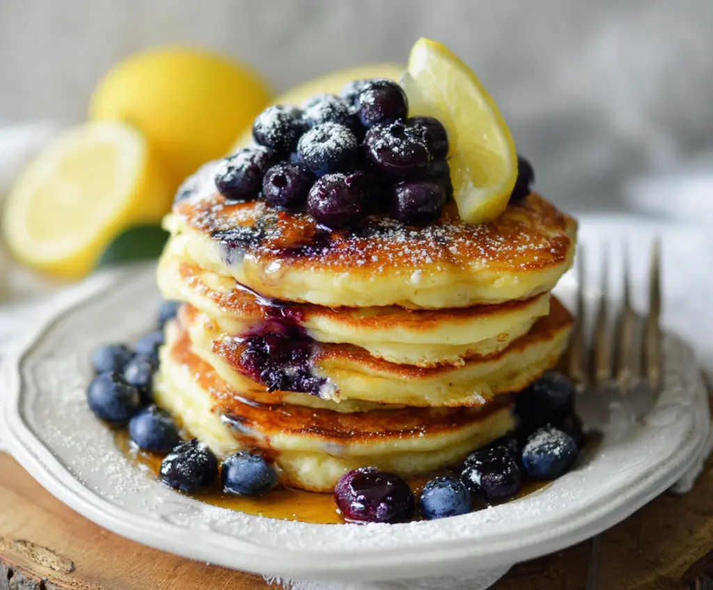 Delicious Lemon Blueberry Pancakes topped with fresh blueberries and lemon zest for a perfect breakfast.