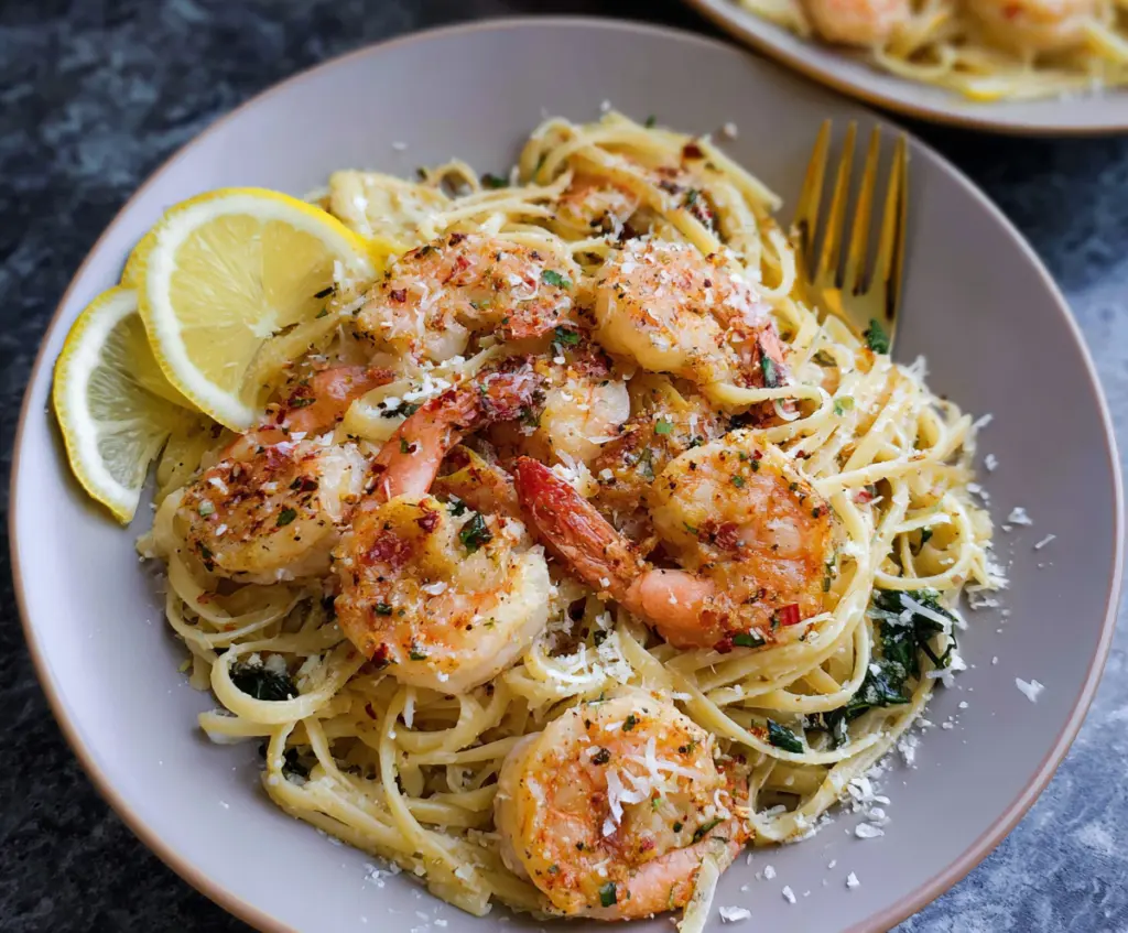Creamy Lemon Garlic Parmesan Shrimp Pasta served in a white bowl with fresh herbs.