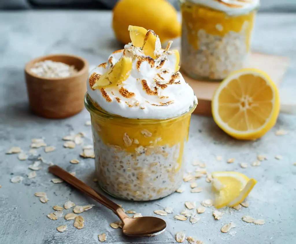 Creamy Lemon Meringue Pie Overnight Oats with a lemon slice topping in a glass jar