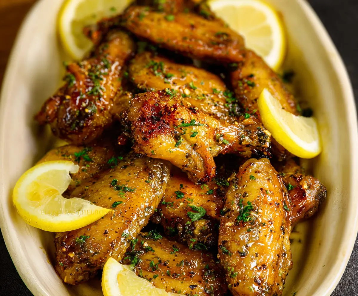 Juicy Lemon Pepper Wings served on a platter, garnished with fresh lemon slices and herbs.