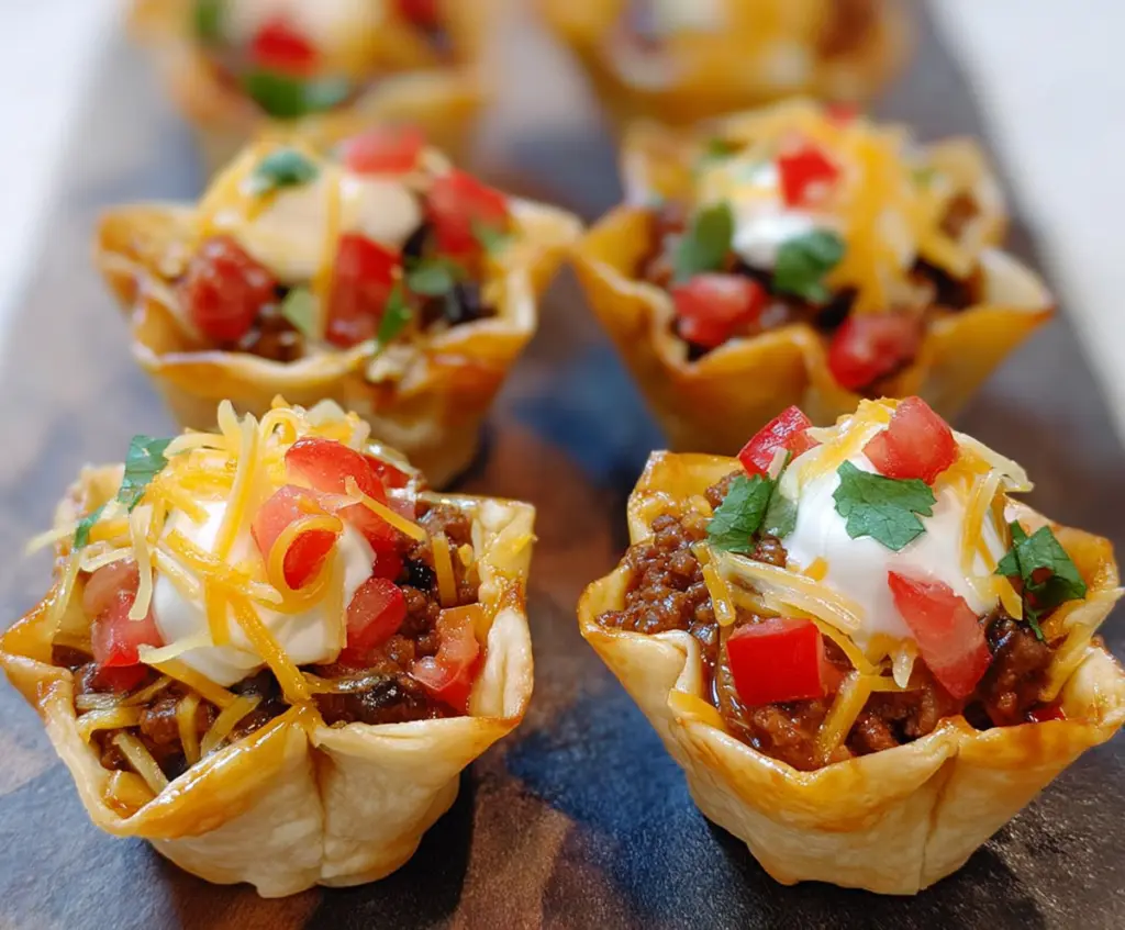 Delicious Lil Taco Cups filled with seasoned meat and fresh toppings on a colorful plate.